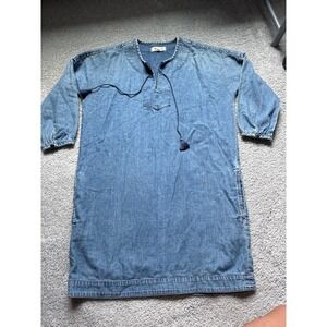 Madewell Women's Shift Dress Denim 1/4 Sleeve Tassel V-Neck Cotton Size XSmall